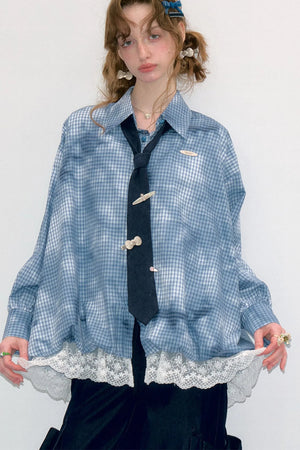 Blue Plaid Lace Hem Blouse
