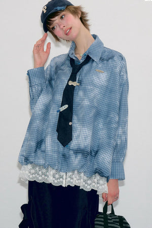 Blue Plaid Lace Hem Blouse