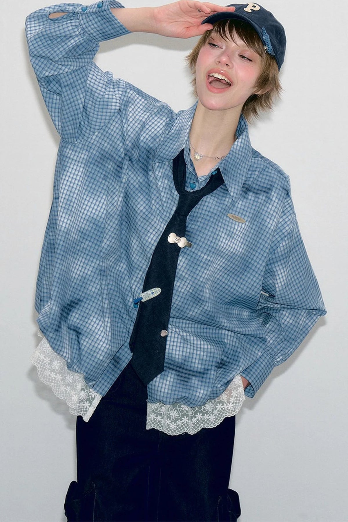 Blue Plaid Lace Hem Blouse