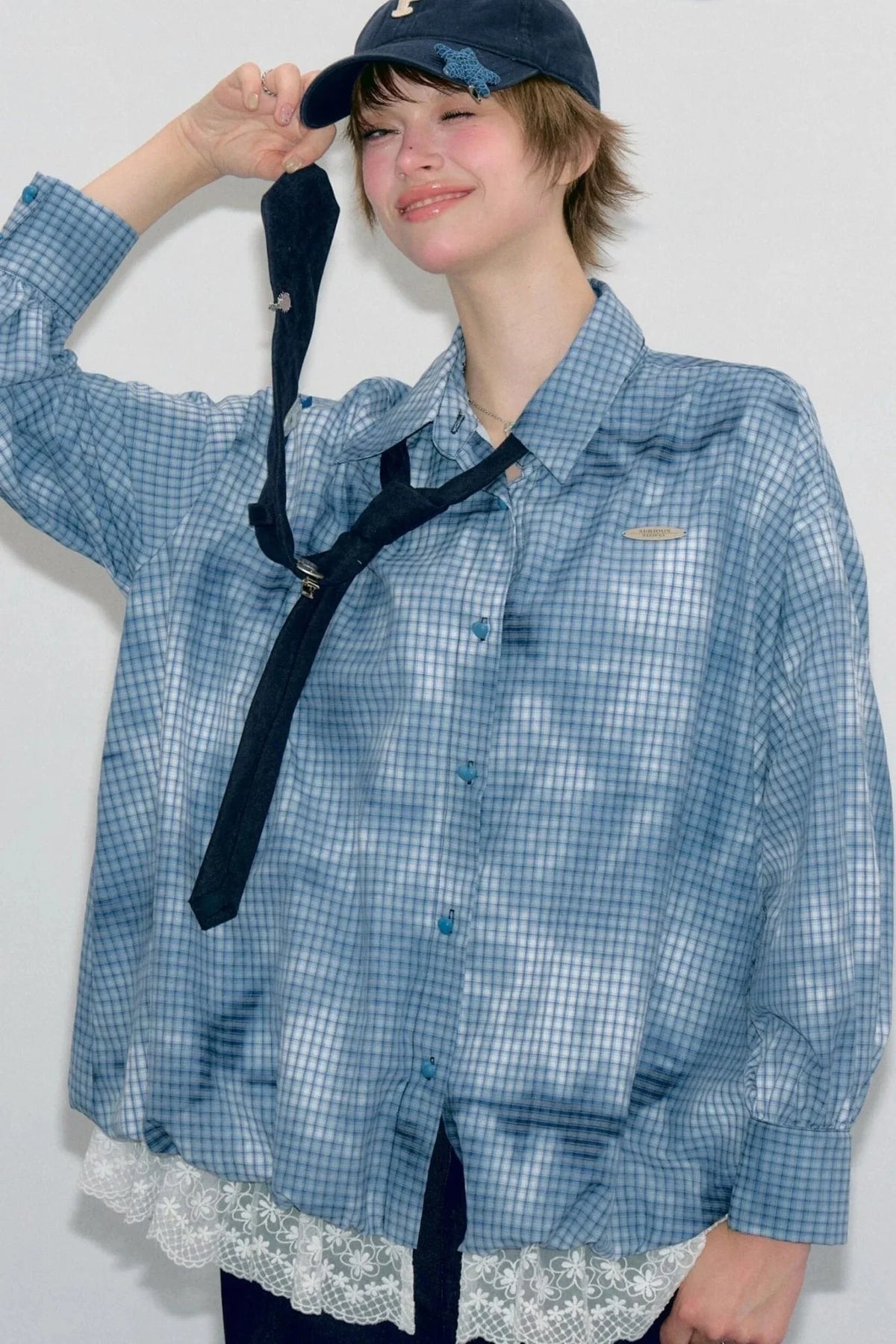 Blue Plaid Lace Hem Blouse