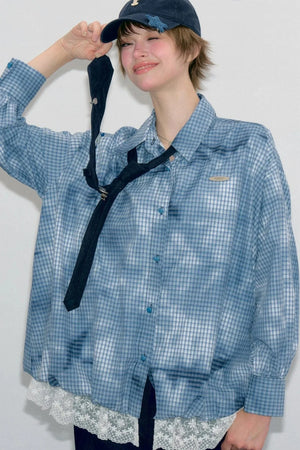 Blue Plaid Lace Hem Blouse