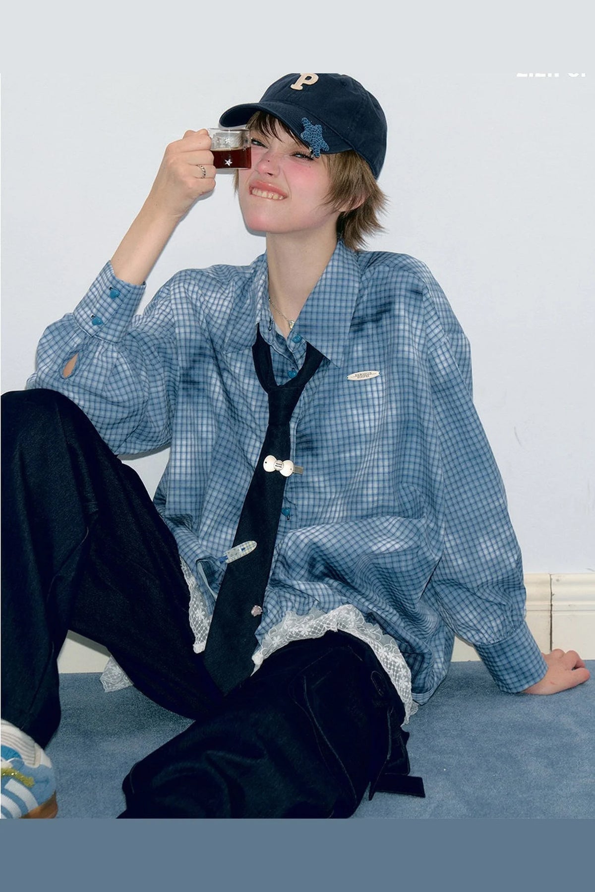 Blue Plaid Lace Hem Blouse