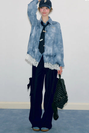 Blue Plaid Lace Hem Blouse