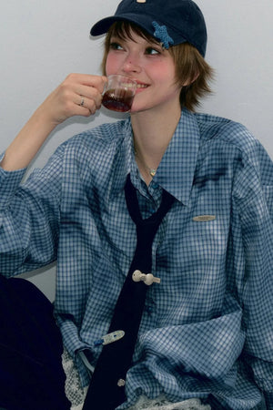 Blue Plaid Lace Hem Blouse