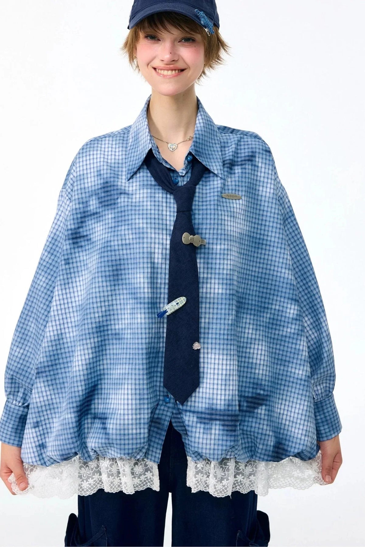 Blue Plaid Lace Hem Blouse