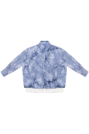 Blue Plaid Lace Hem Blouse