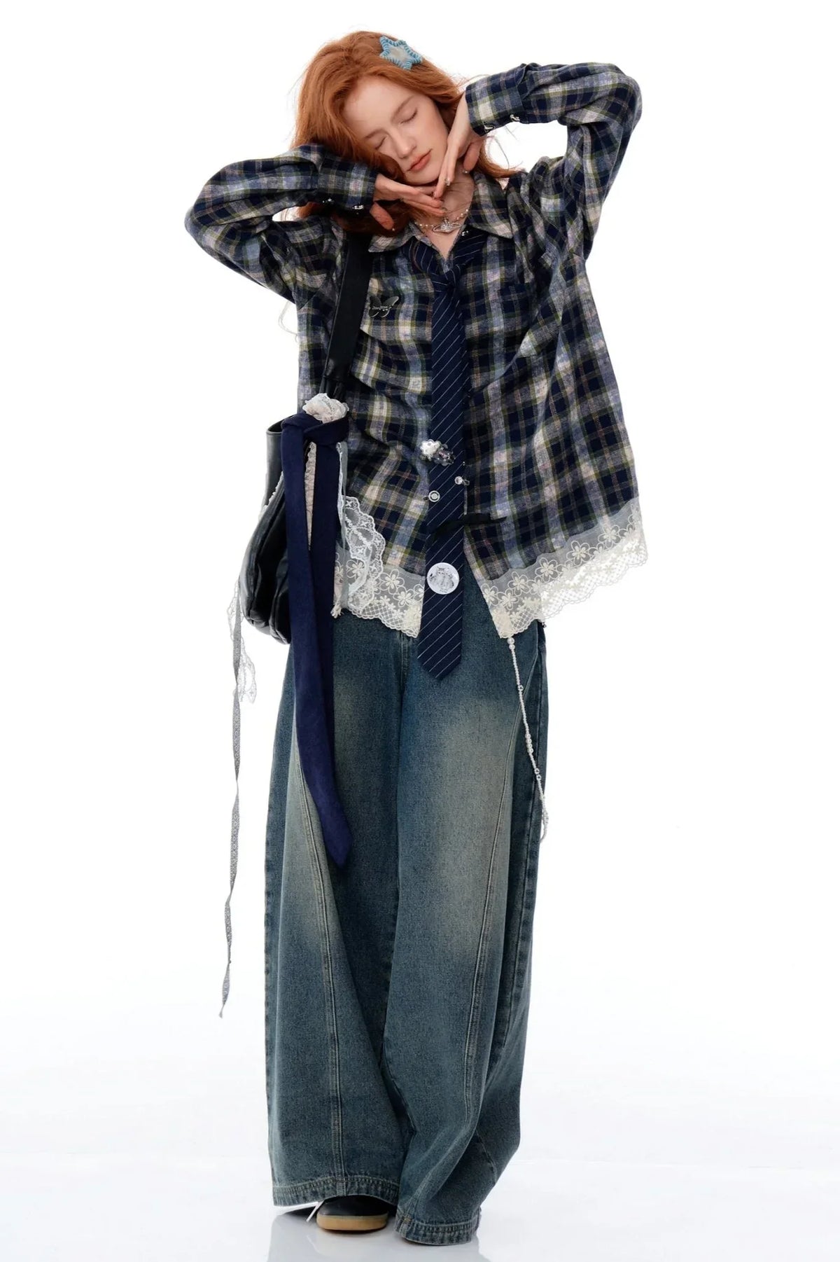 Blue Plaid Lace Stitch Loose Shirt