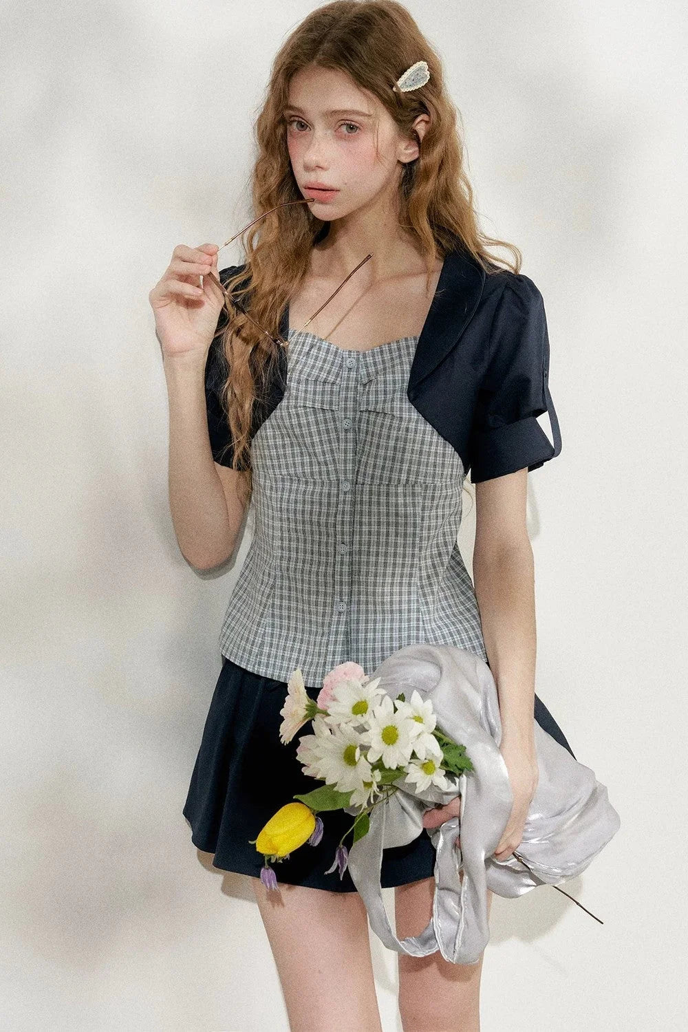Blue Plaid Layered Short Sleeve Shirt