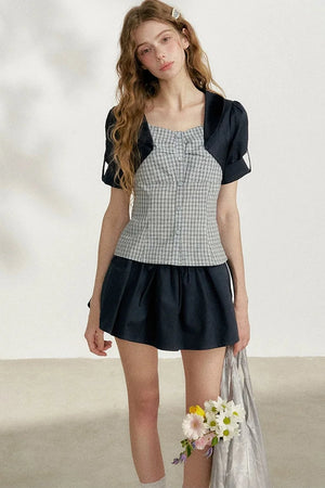 Blue Plaid Layered Short Sleeve Shirt