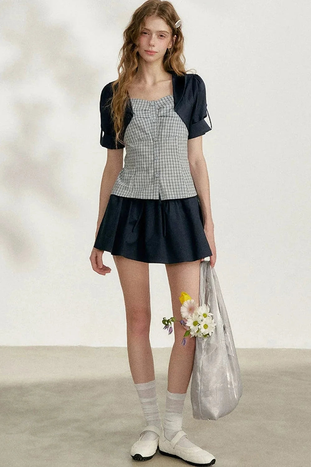 Blue Plaid Layered Short Sleeve Shirt