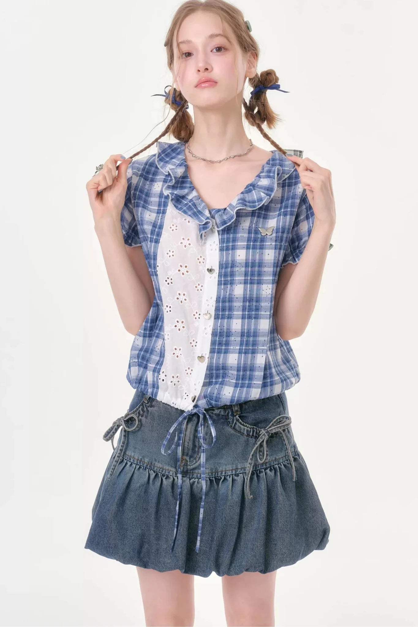 Blue Plaid Patchwork Shirt