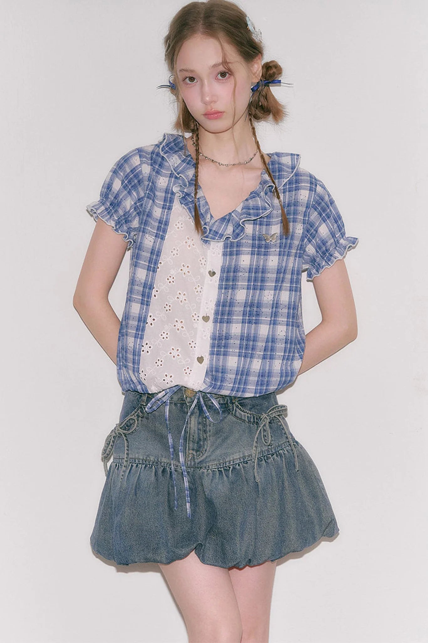 Blue Plaid Patchwork Shirt