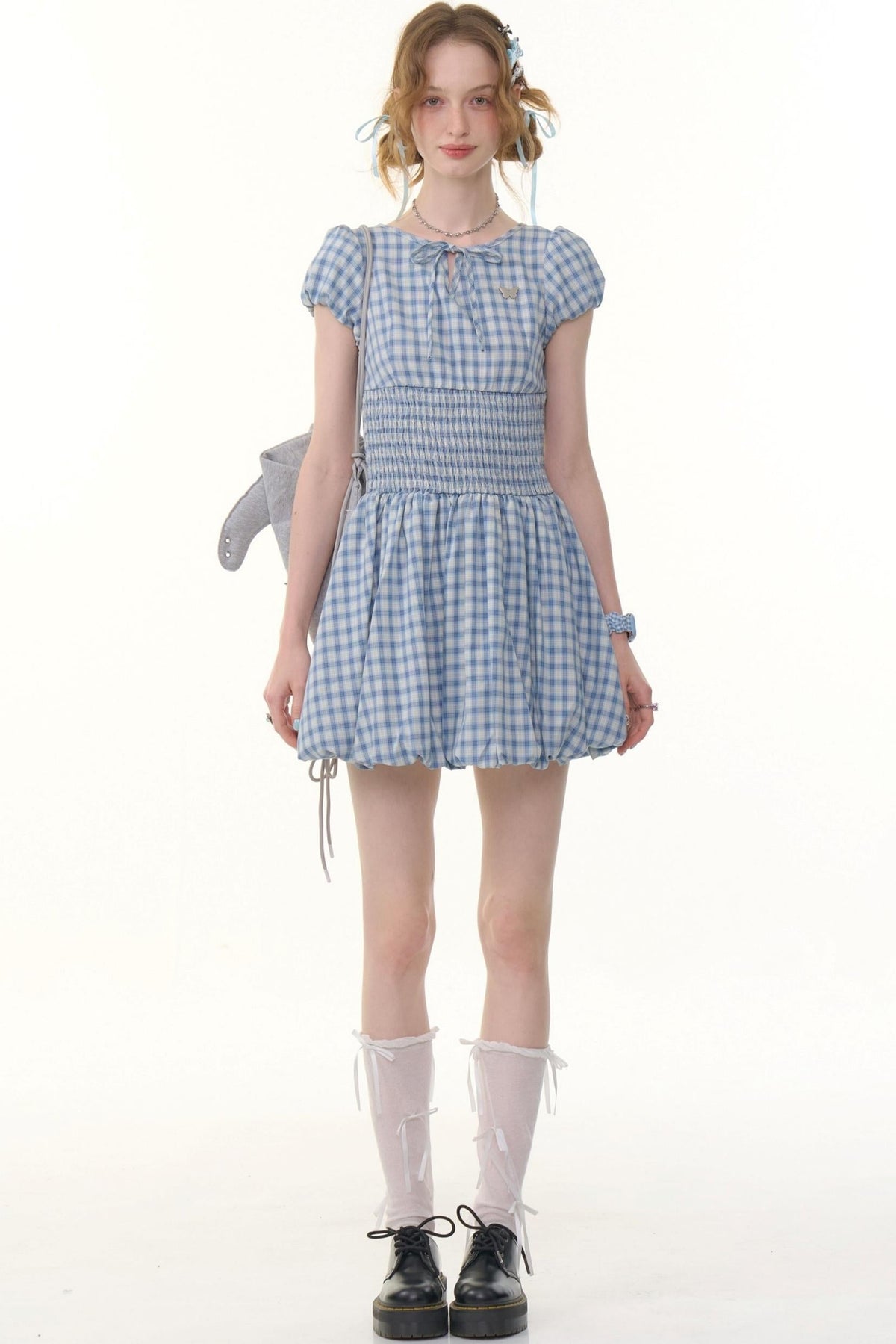 Blue Plaid Puff Sleeve Dress