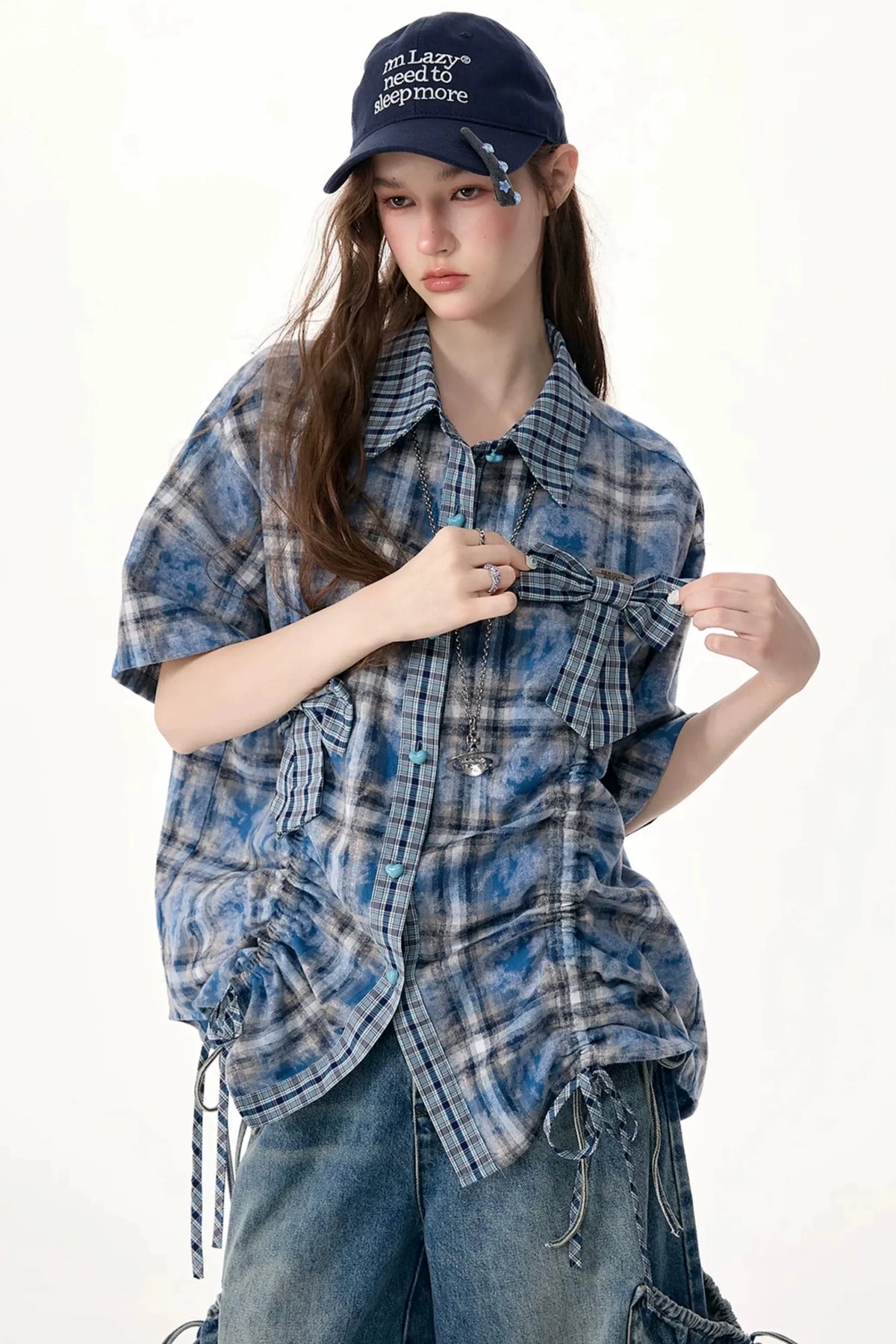 Blue Plaid Short Sleeve Bow Detail Shirt