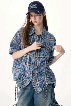 Blue Plaid Short Sleeve Bow Detail Shirt