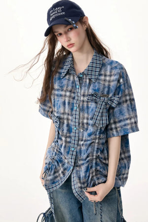 Blue Plaid Short Sleeve Bow Detail Shirt