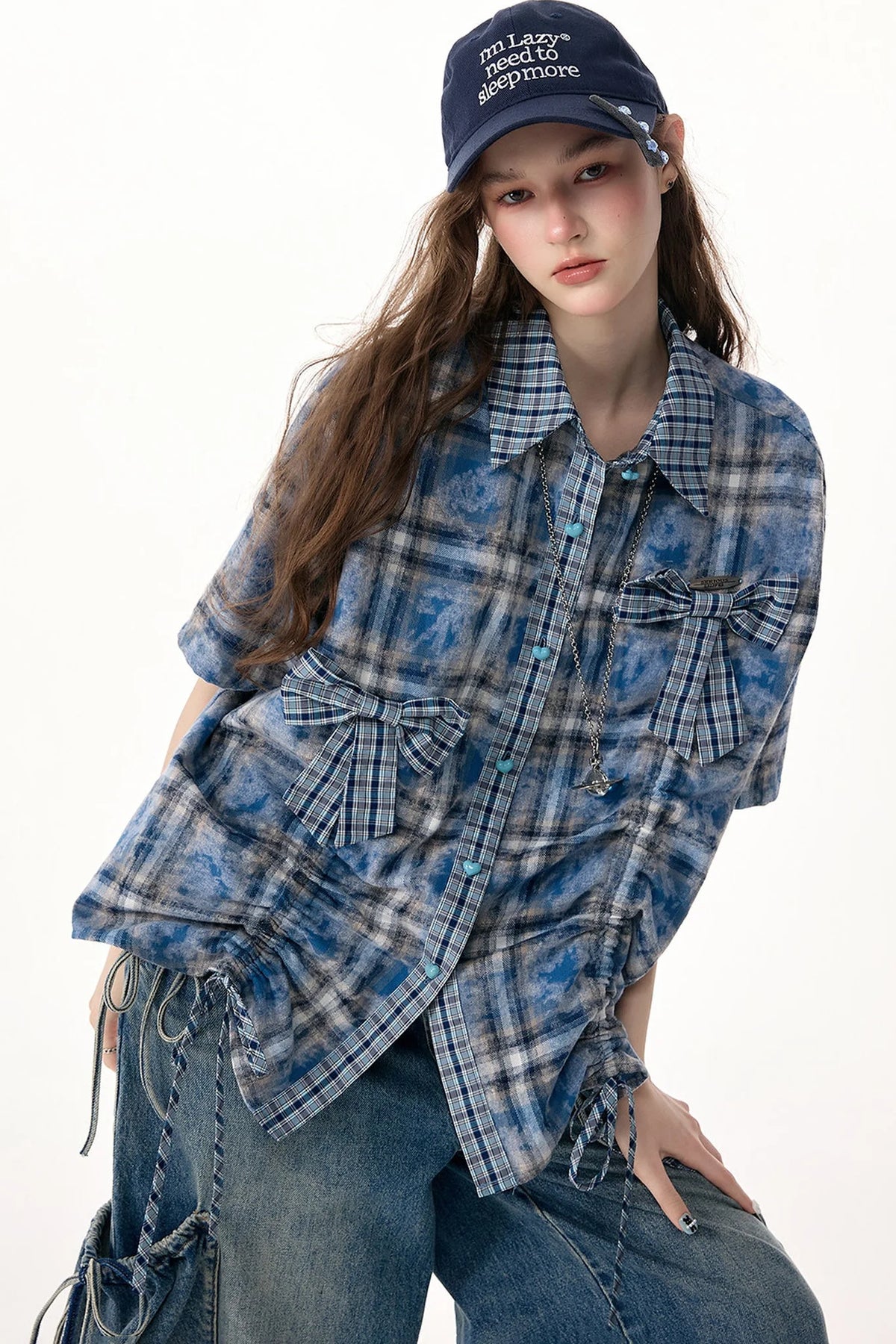 Blue Plaid Short Sleeve Bow Detail Shirt