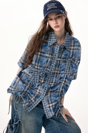 Blue Plaid Short Sleeve Bow Detail Shirt