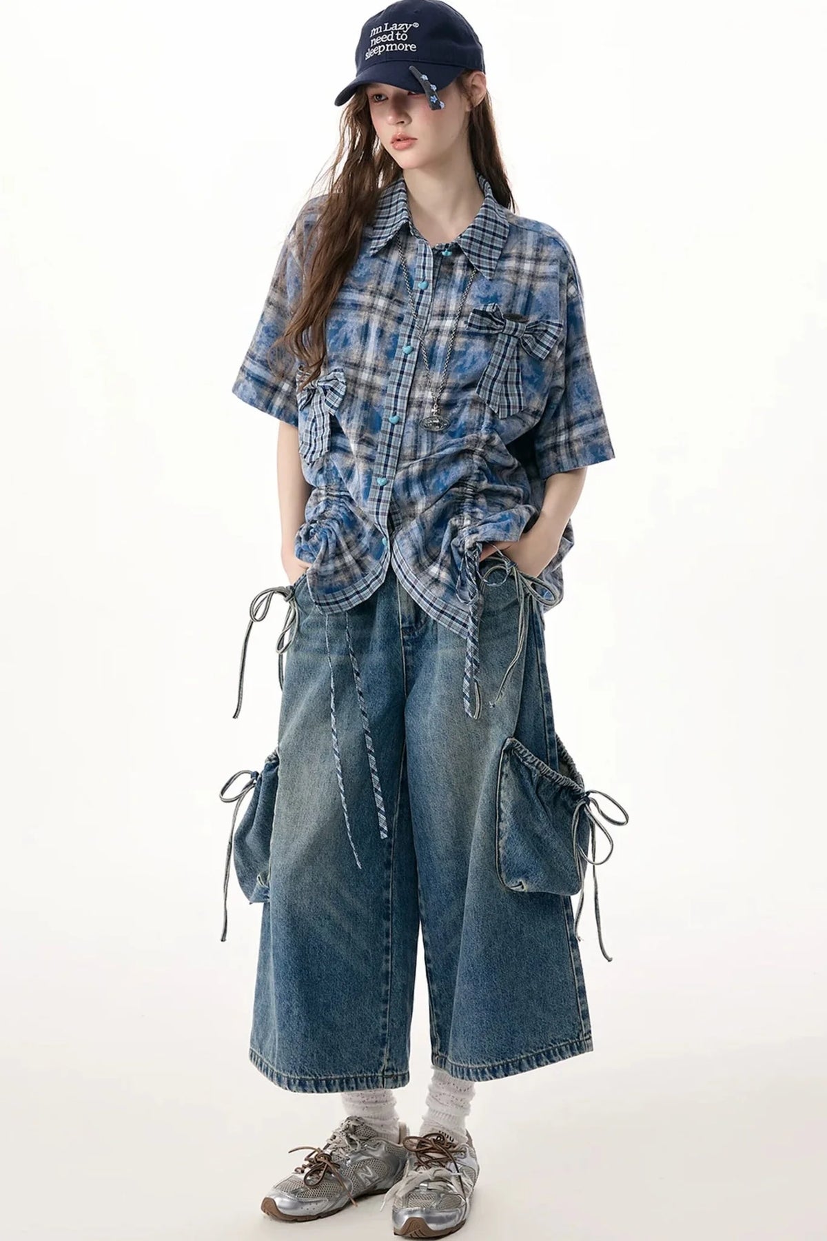 Blue Plaid Short Sleeve Bow Detail Shirt