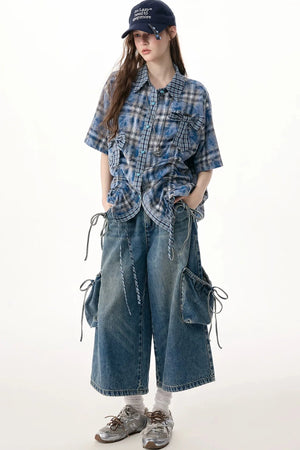 Blue Plaid Short Sleeve Bow Detail Shirt