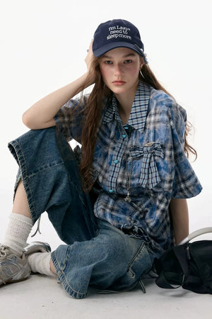 Blue Plaid Short Sleeve Bow Detail Shirt