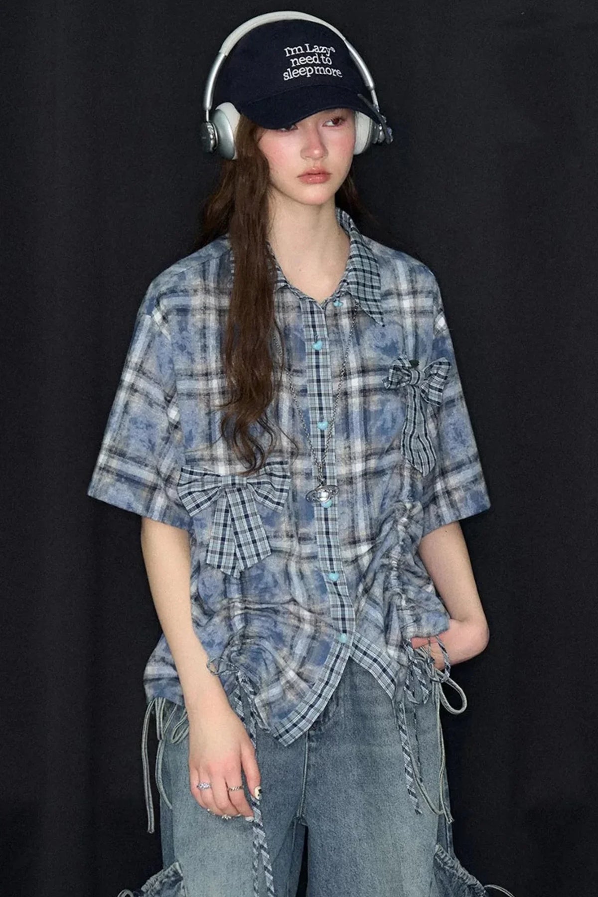 Blue Plaid Short Sleeve Bow Detail Shirt