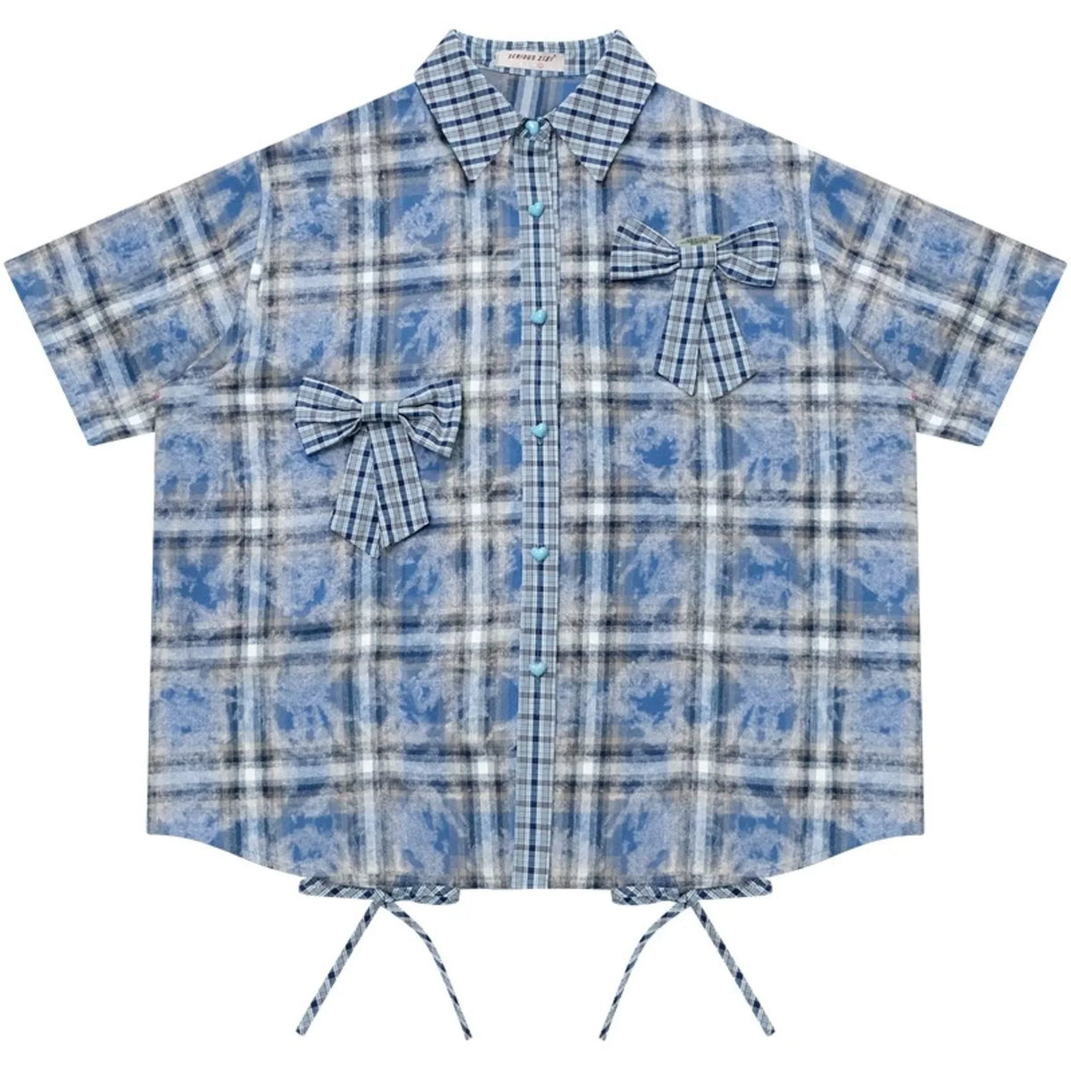 Blue Plaid Short Sleeve Bow Detail Shirt