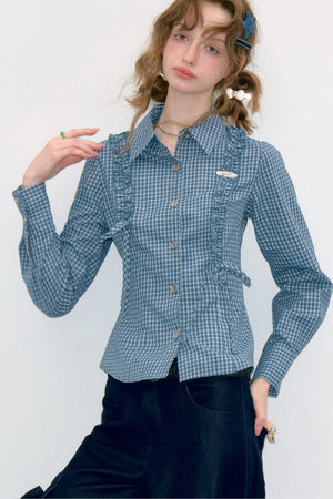 Blue Plaid Slimming Long Sleeve Blouse