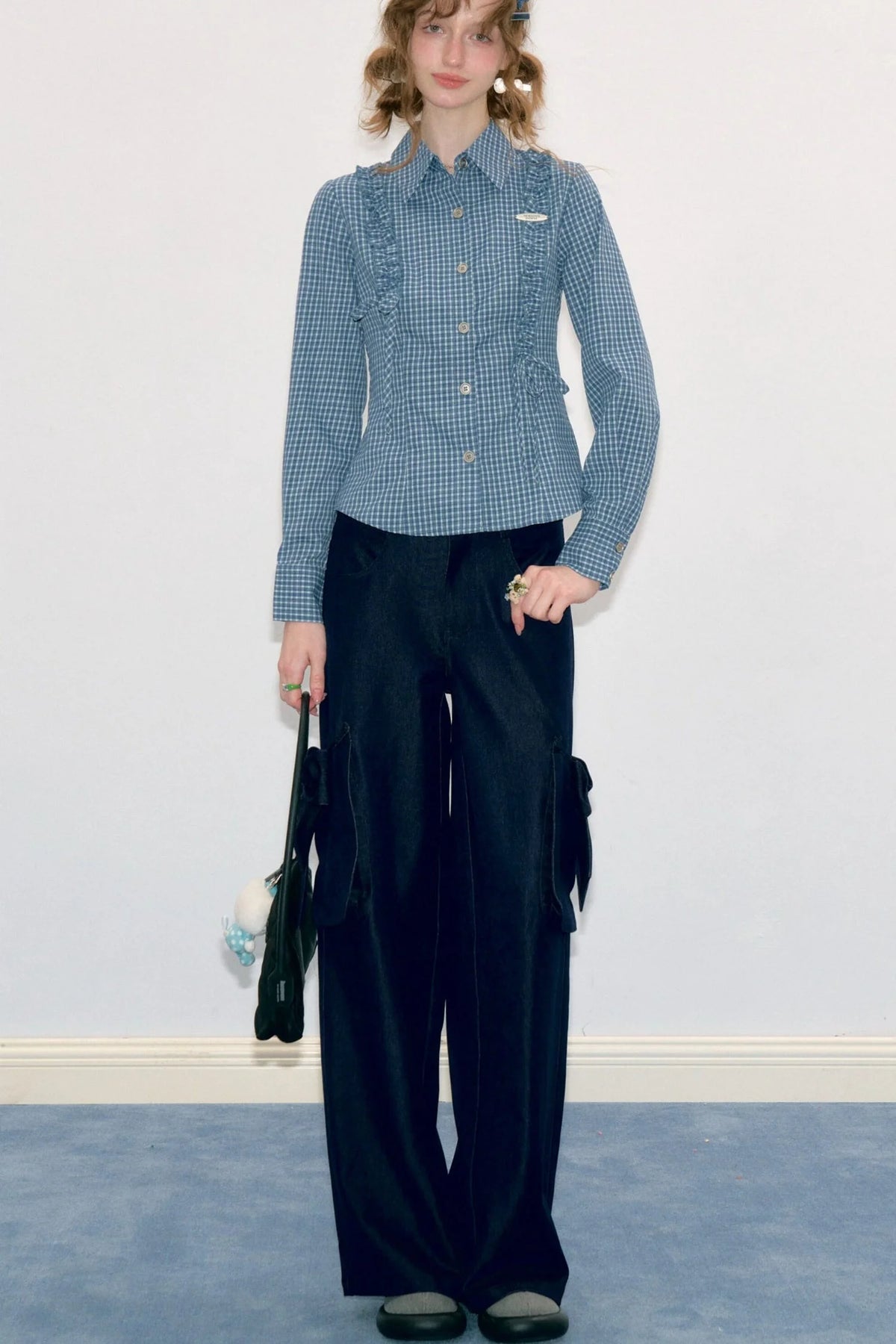 Blue Plaid Slimming Long Sleeve Blouse