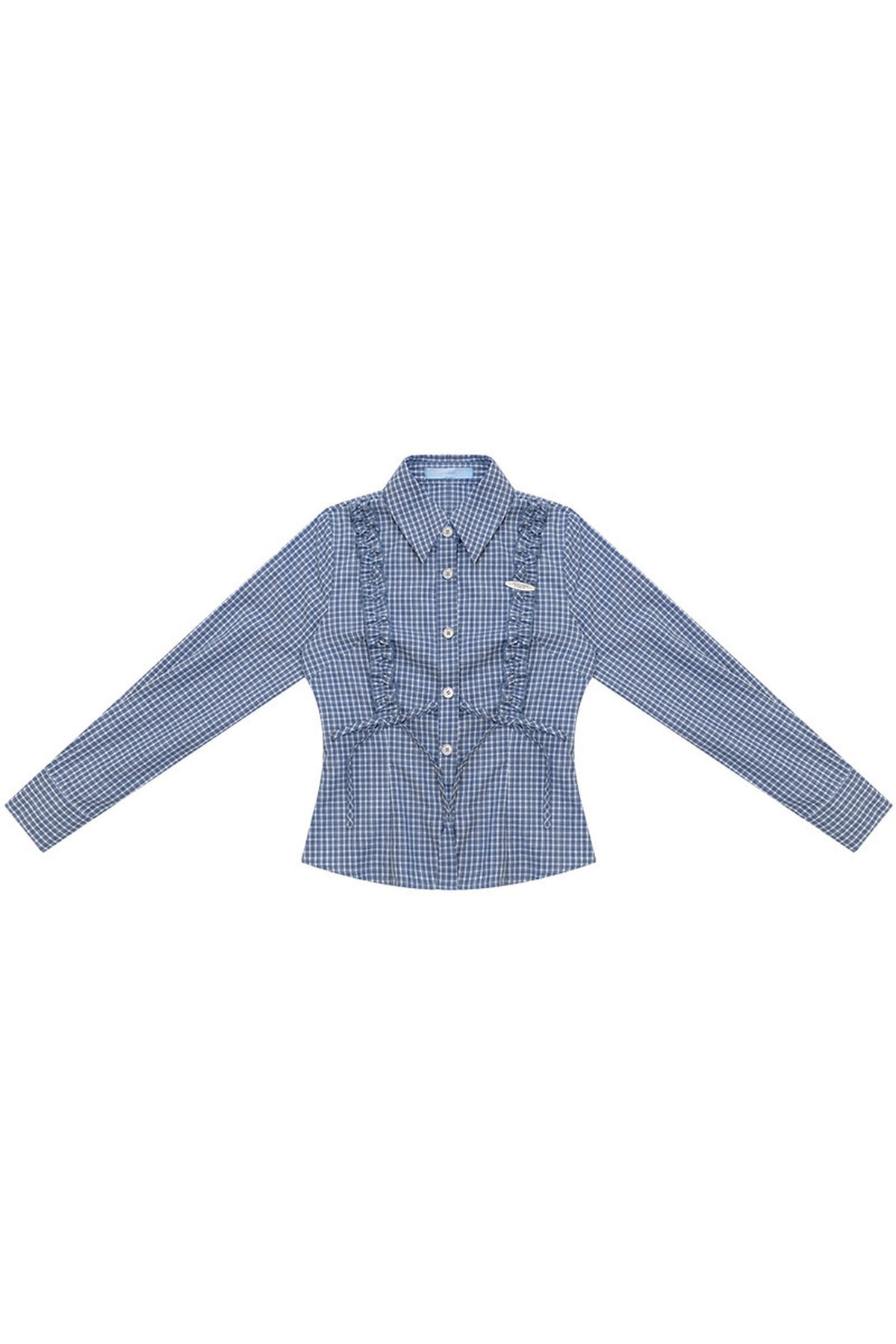 Blue Plaid Slimming Long Sleeve Blouse