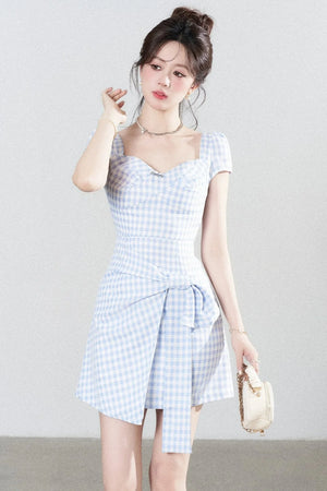 Blue Plaid Square Neck Irregular Dress