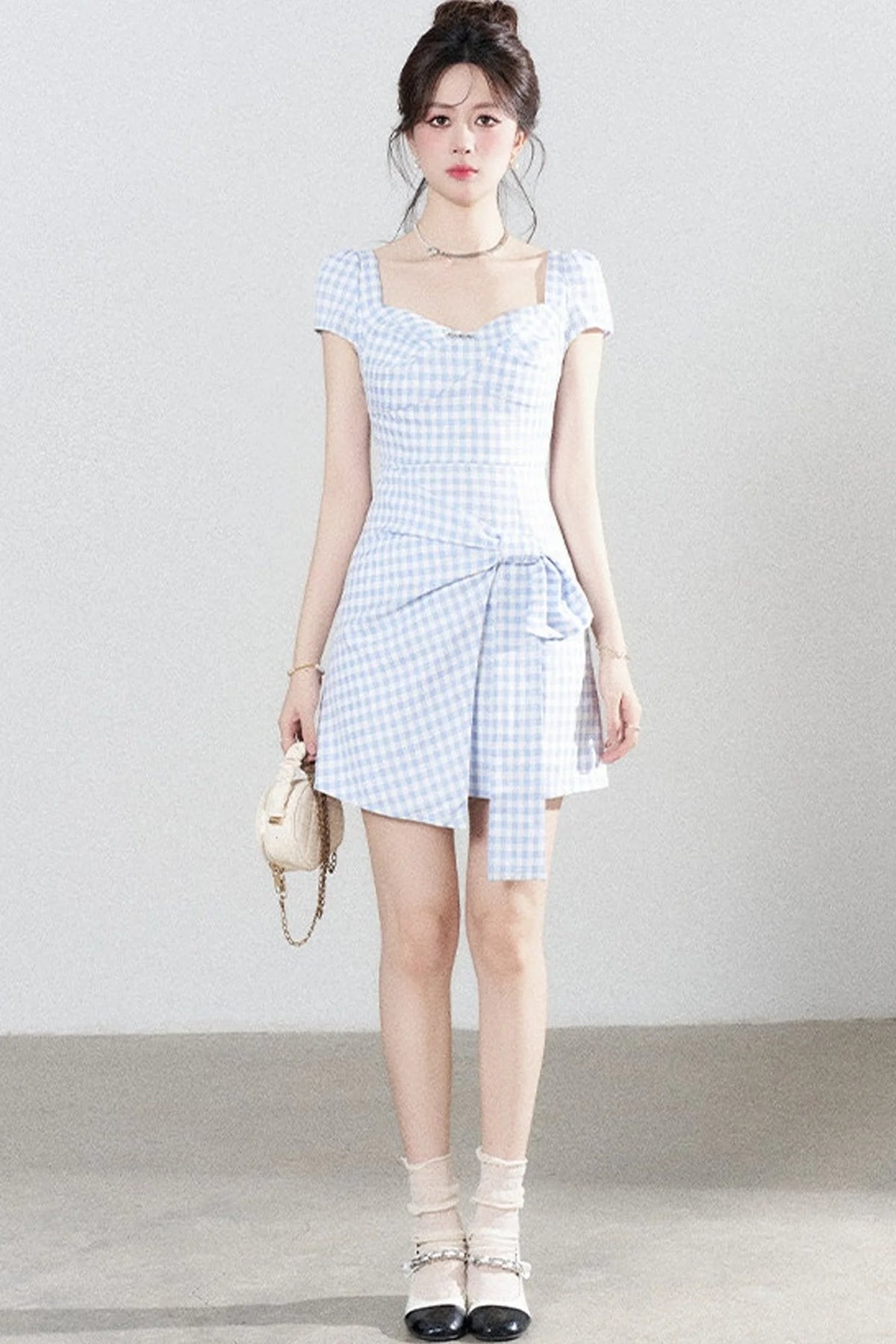 Blue Plaid Square Neck Irregular Dress