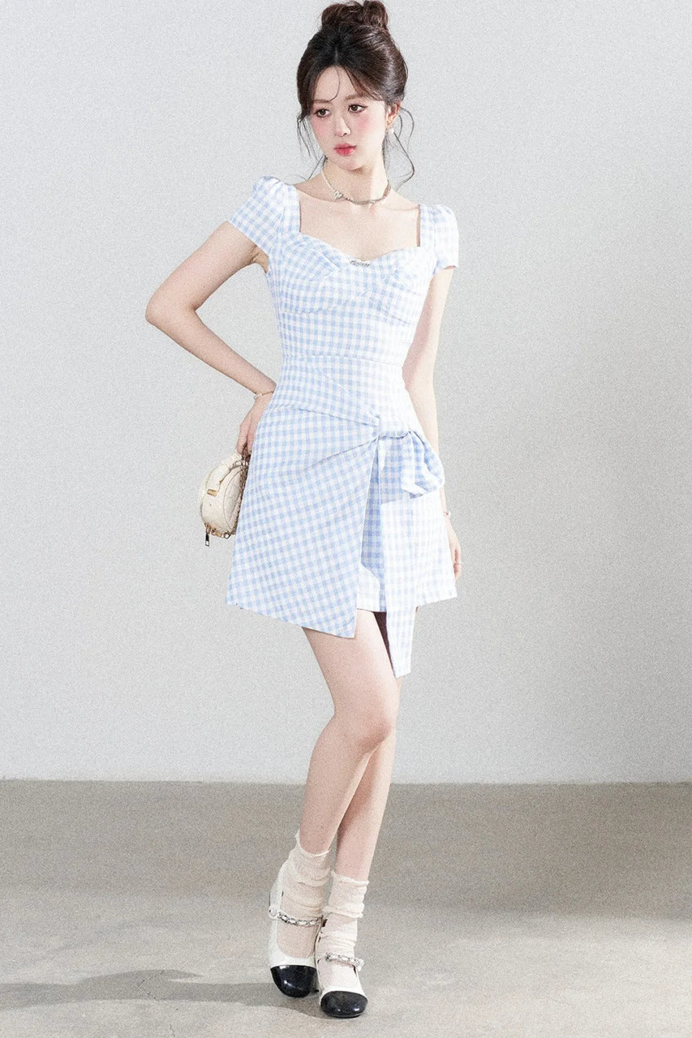 Blue Plaid Square Neck Irregular Dress