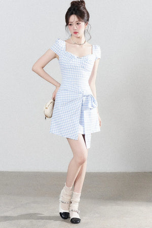 Blue Plaid Square Neck Irregular Dress