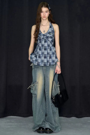 Blue Plaid Twist Knot Halter Top