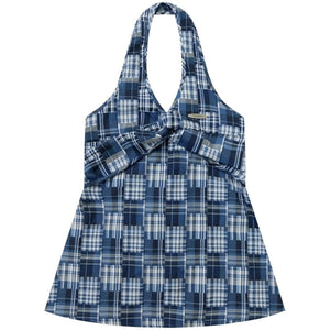 Blue Plaid Twist Knot Halter Top