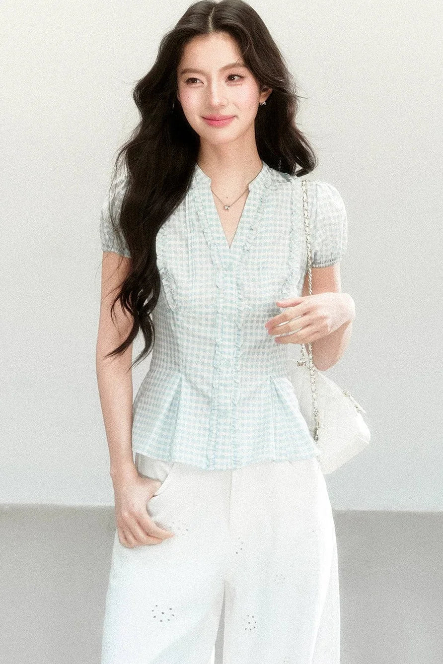 Blue Plaid V-Neck Short Sleeve Blouse