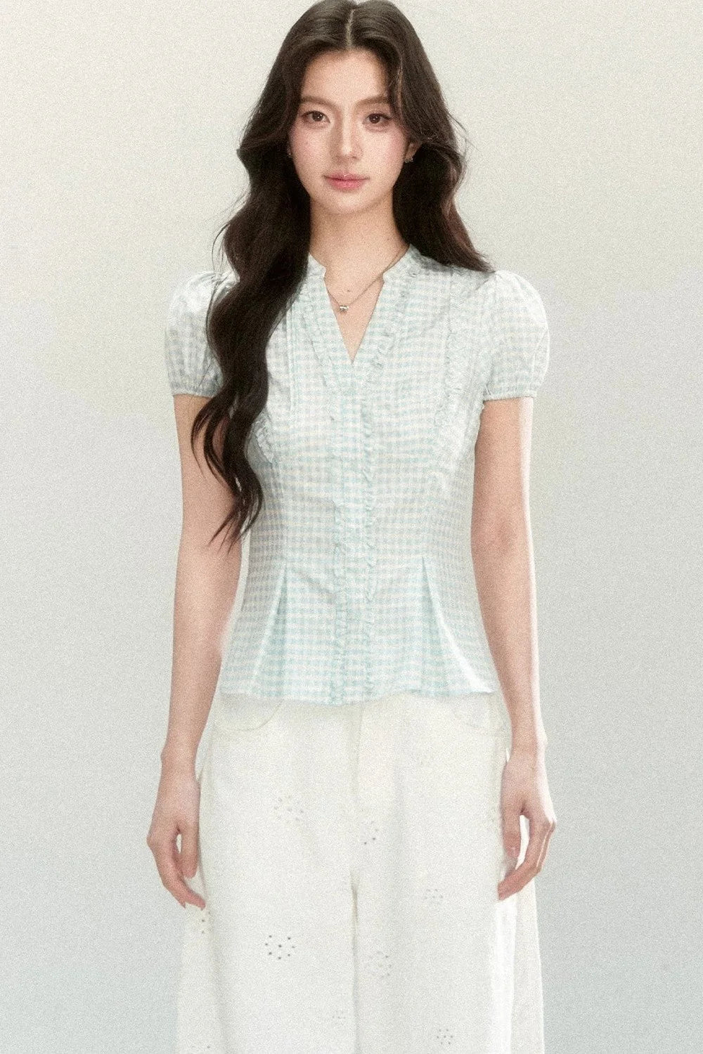 Blue Plaid V-Neck Short Sleeve Blouse