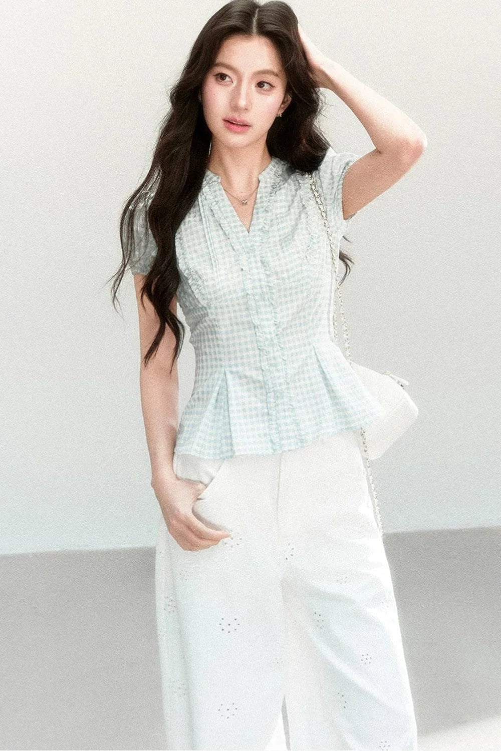 Blue Plaid V-Neck Short Sleeve Blouse