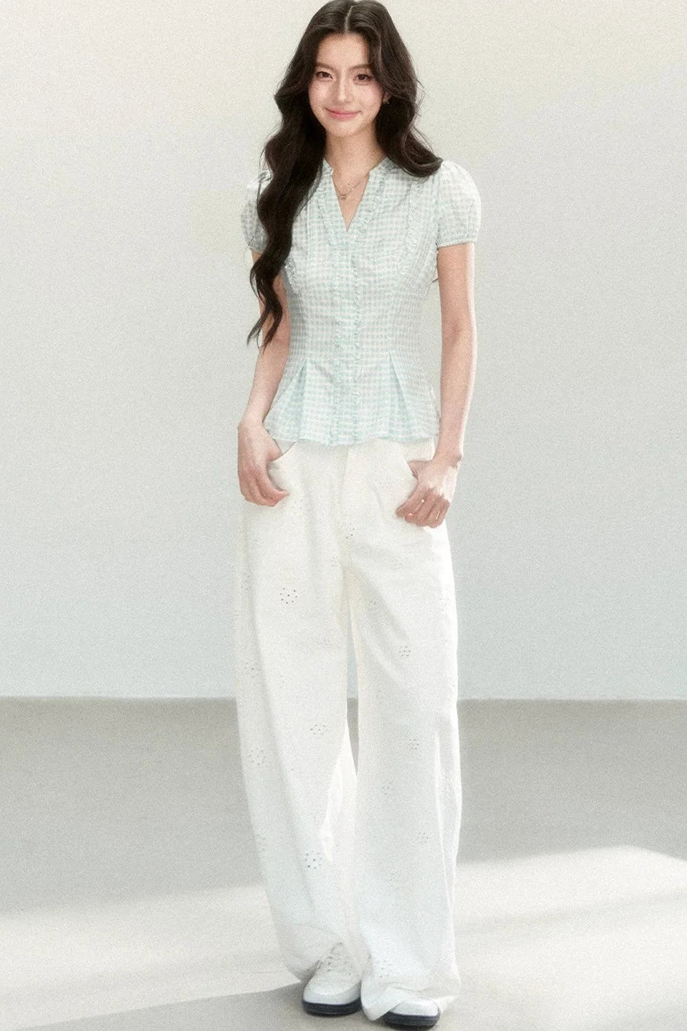 Blue Plaid V-Neck Short Sleeve Blouse
