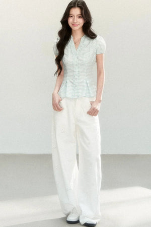 Blue Plaid V-Neck Short Sleeve Blouse