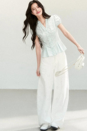 Blue Plaid V-Neck Short Sleeve Blouse