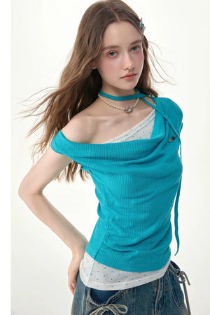 Blue Polka Dot Asymmetric Draped Neck Knit Top