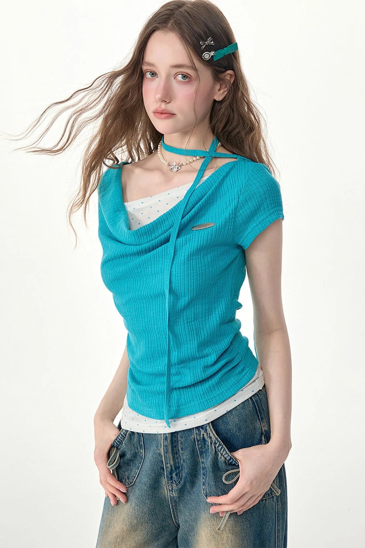 Blue Polka Dot Asymmetric Draped Neck Knit Top