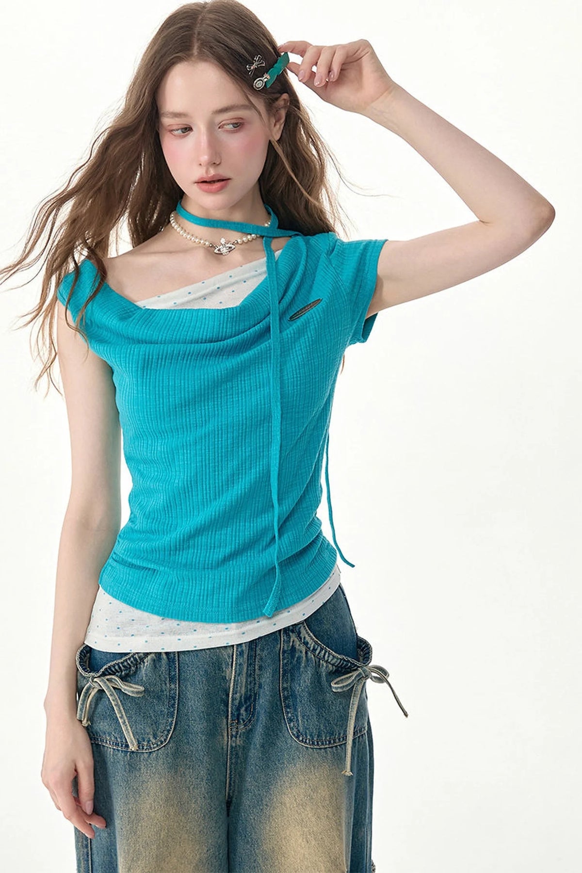 Blue Polka Dot Asymmetric Draped Neck Knit Top