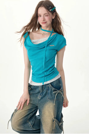 Blue Polka Dot Asymmetric Draped Neck Knit Top
