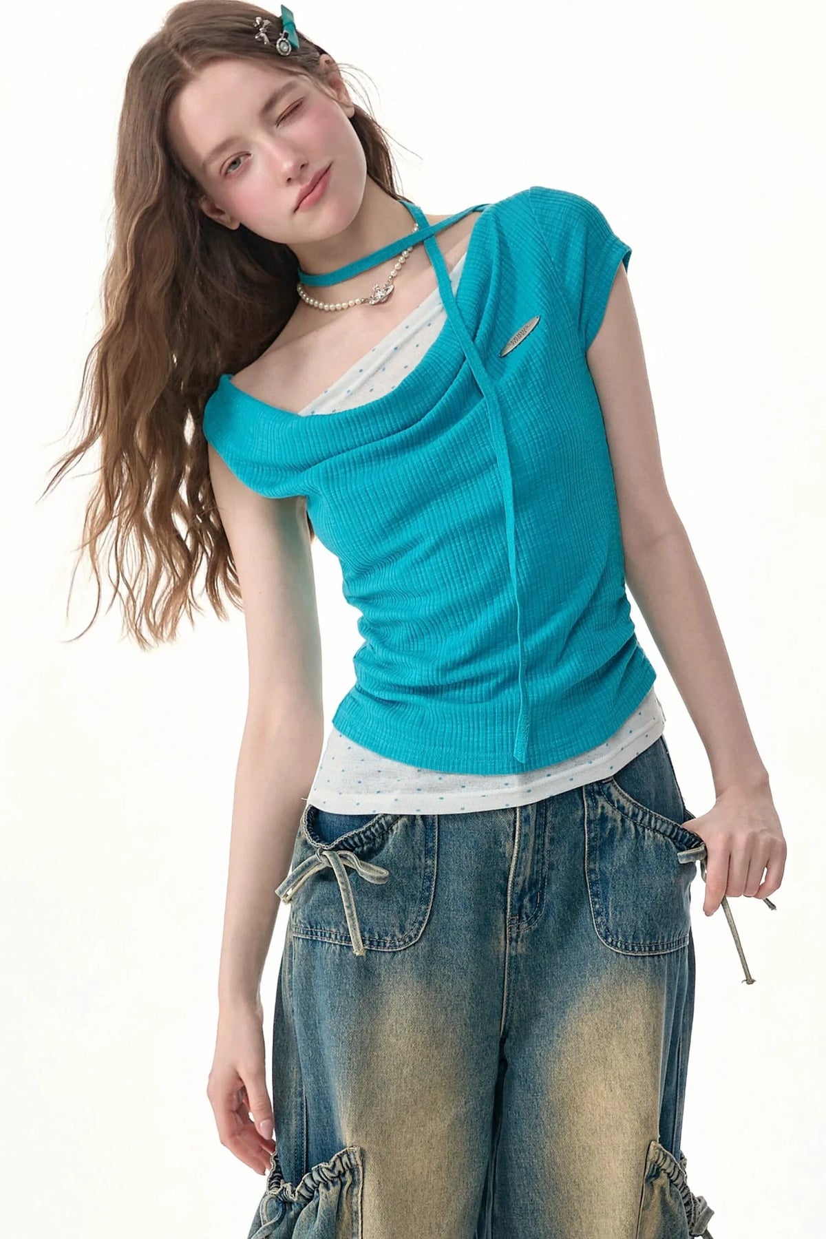 Blue Polka Dot Asymmetric Draped Neck Knit Top