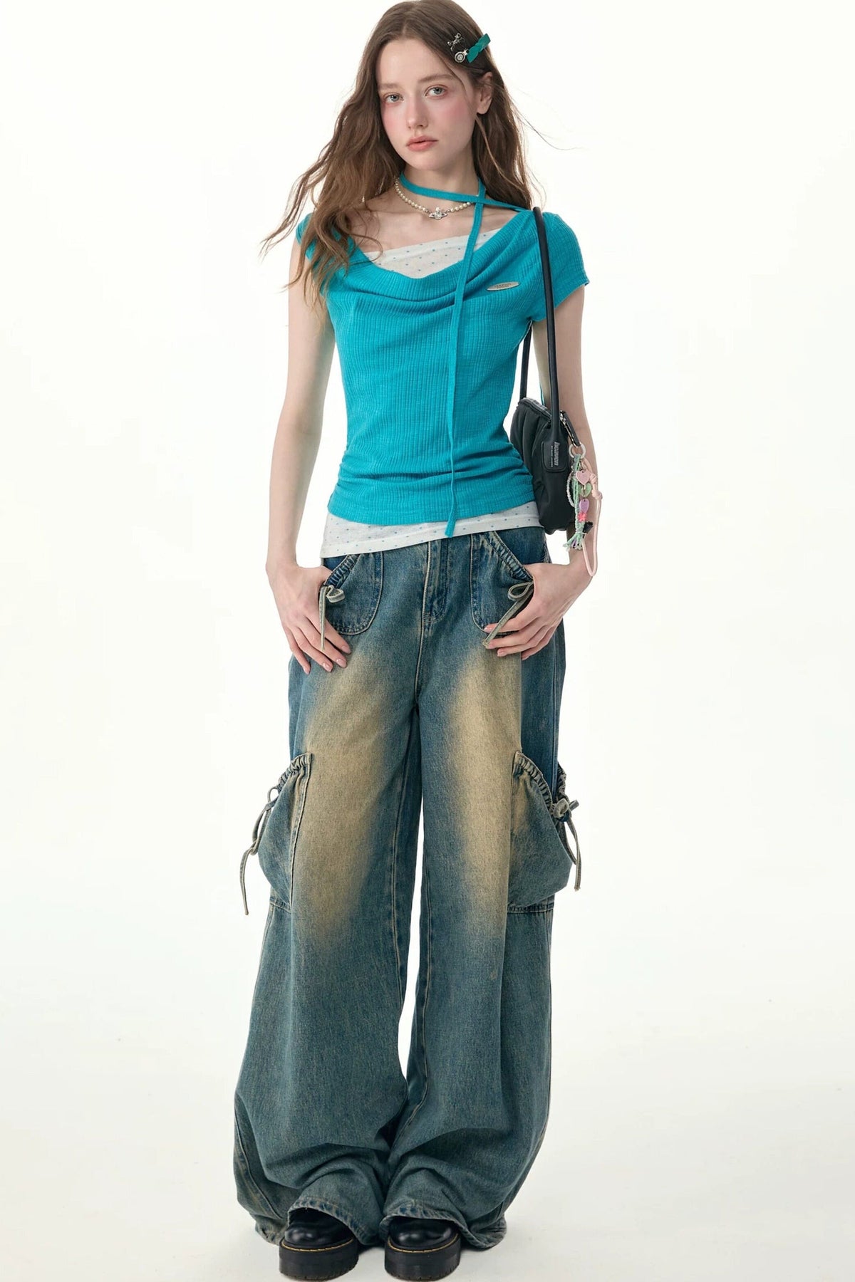 Blue Polka Dot Asymmetric Draped Neck Knit Top