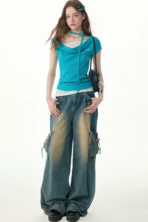 Blue Polka Dot Asymmetric Draped Neck Knit Top