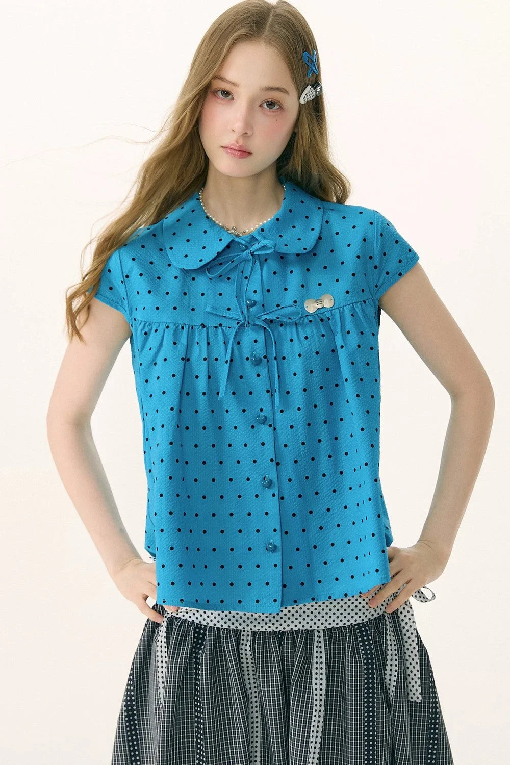 Blue Polka Dot Bow Blouse